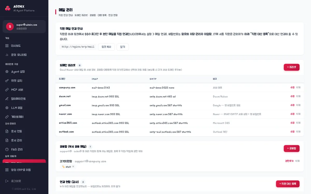 메일 관리 — 직원 메일 연결 안내, 도메인 프리셋, 공용함, 연결 현황(감사)