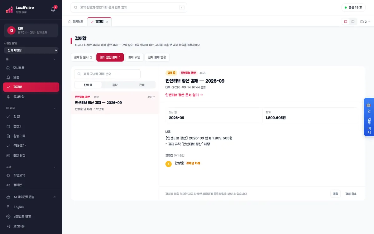 내가 올린 결재 탭 — 진행 중·끝남·전체로 나눠 보기, 독촉·결재 취소