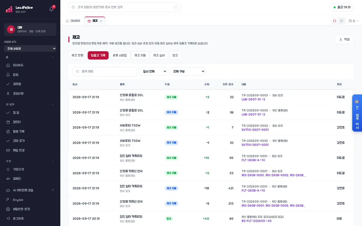 입출고 기록 — 입고·출고·조정·이동이 모두 수량과 이후 재고로 남음