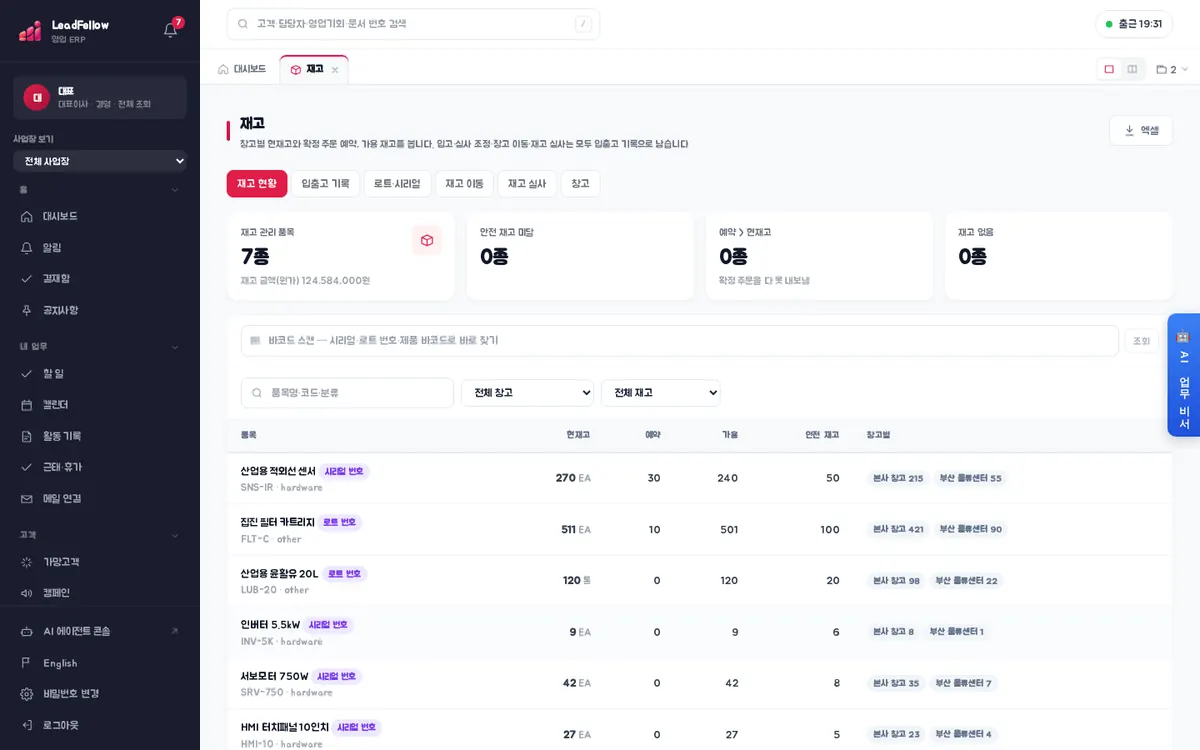 재고 현황 — 품목별 현재고·예약·가용·안전 재고와 창고별 수량, 위에 바코드 스캔 칸