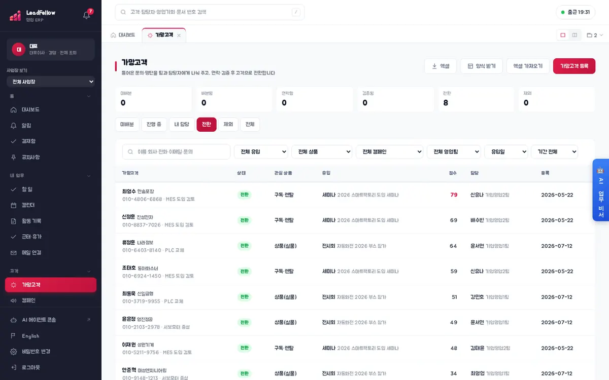 전환 탭 — 고객사·영업기회로 전환을 마친 가망고객