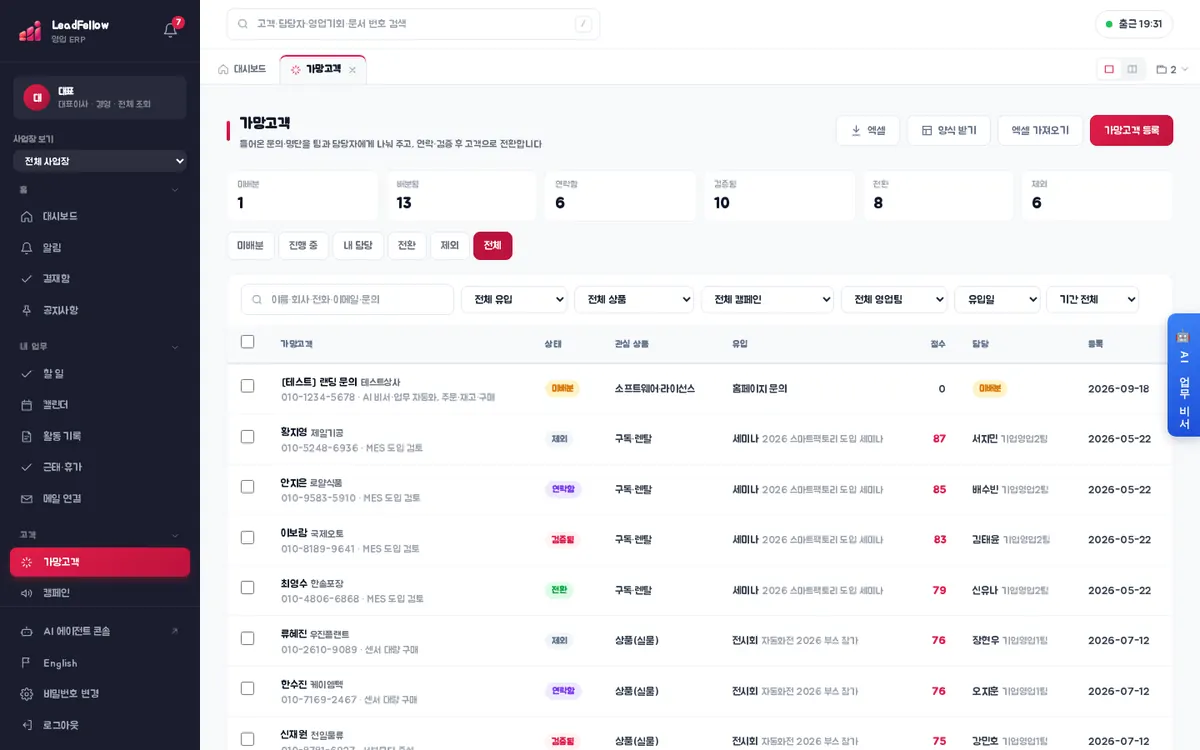 전체 탭 — 상태와 관계없이 모든 가망고객