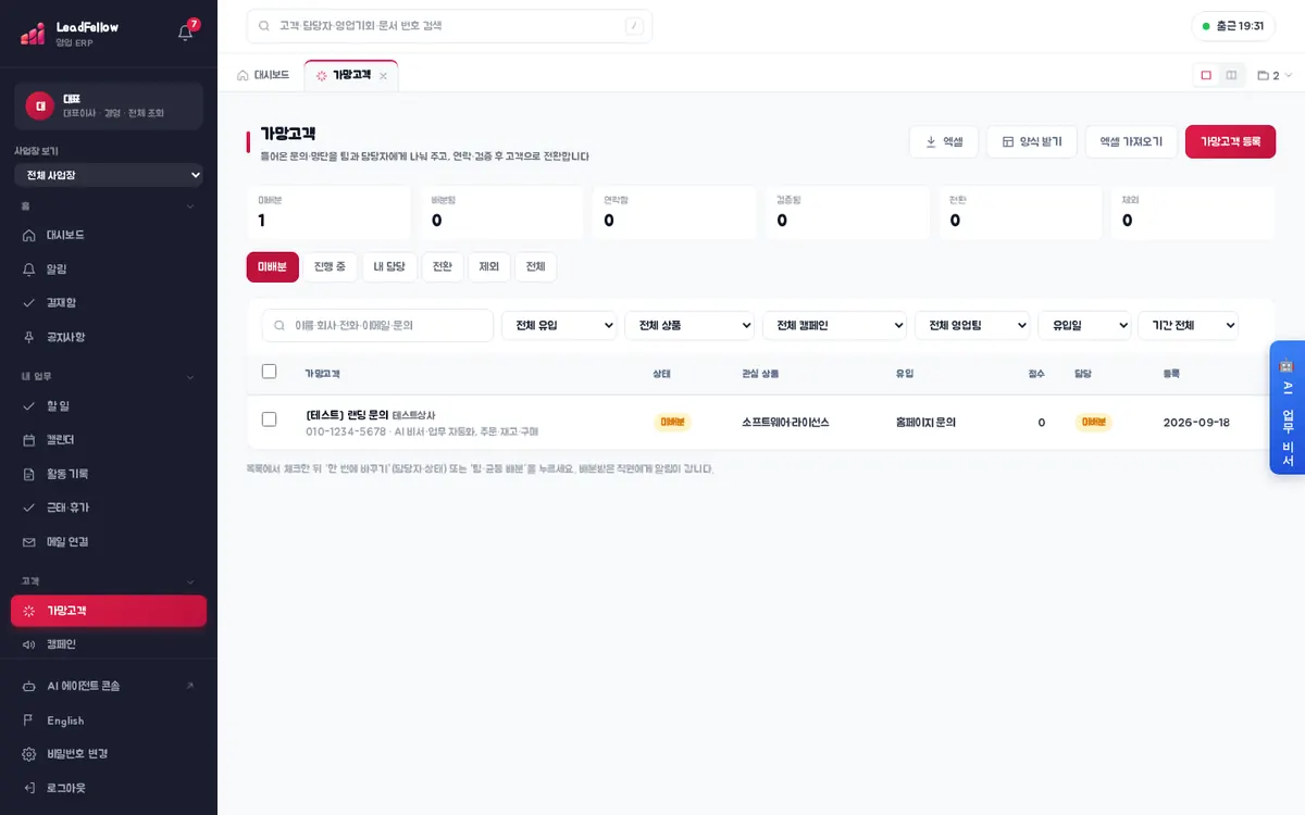 가망고객 목록 — 위쪽에 미배분·배분됨·연락함·검증됨·전환·제외 건수, 아래에 탭과 목록