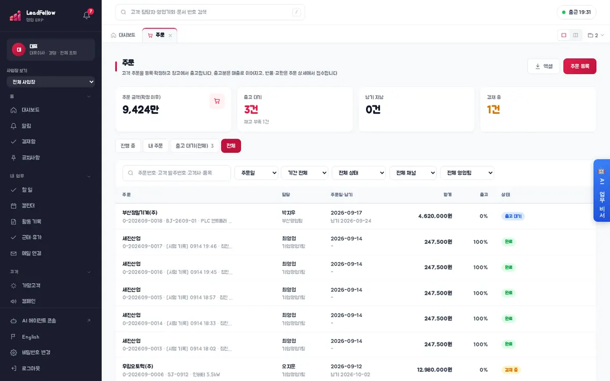 전체 — 완료·취소를 포함한 모든 주문