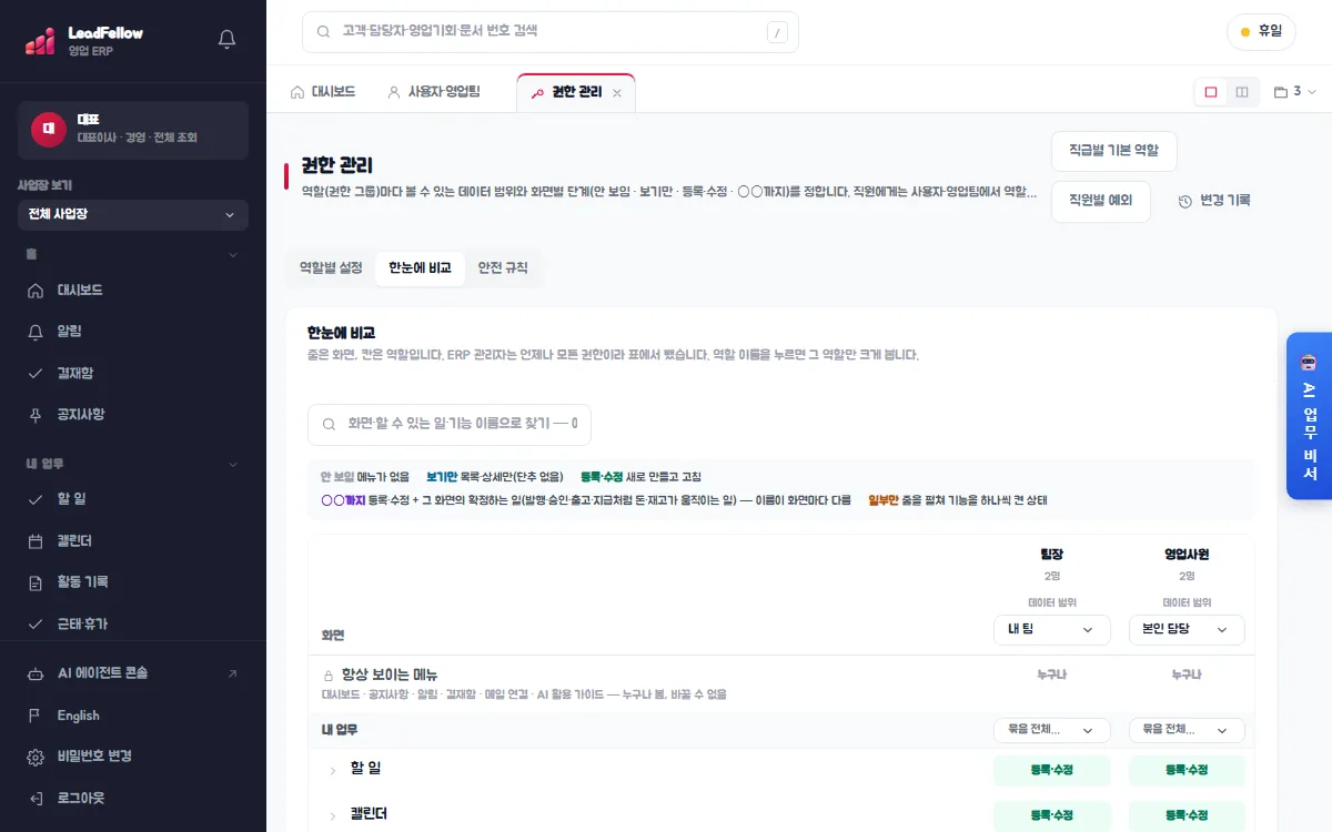 한눈에 비교 — 같은 표에 역할을 열로 나란히 놓고 바로 고칩니다