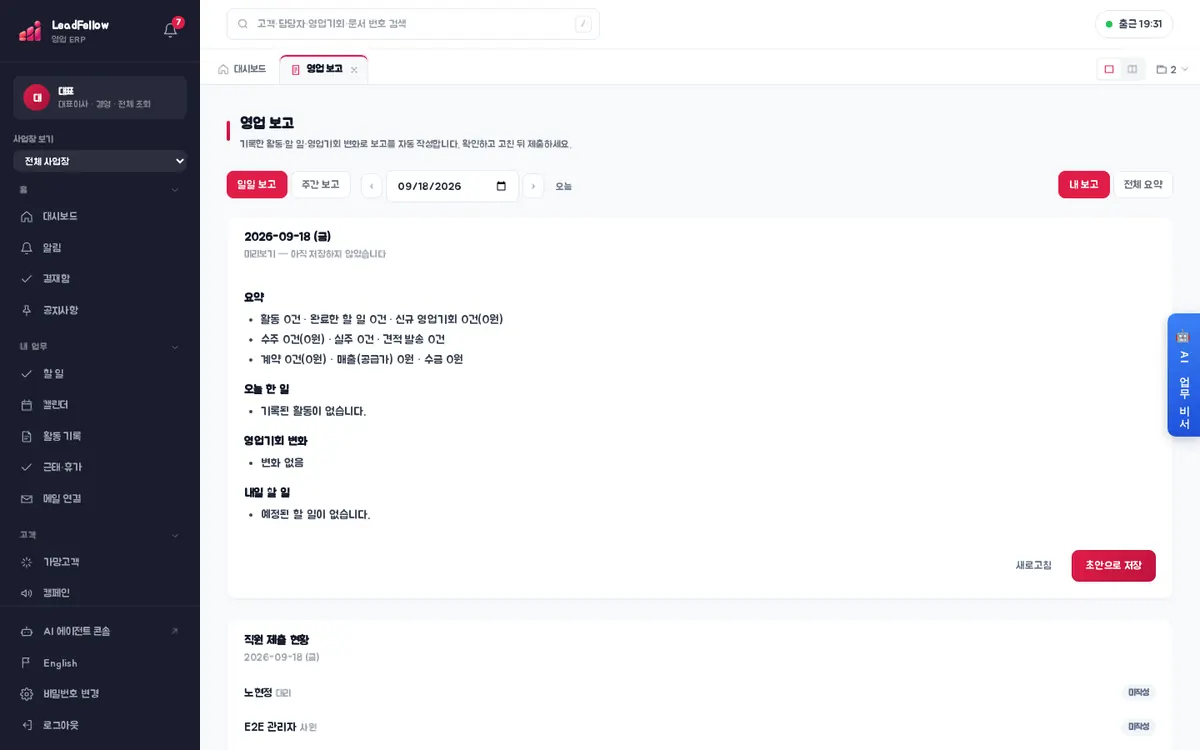 영업 보고 · 일일 보고 — 아직 저장하지 않은 미리보기와 오른쪽 아래 직원 제출 현황