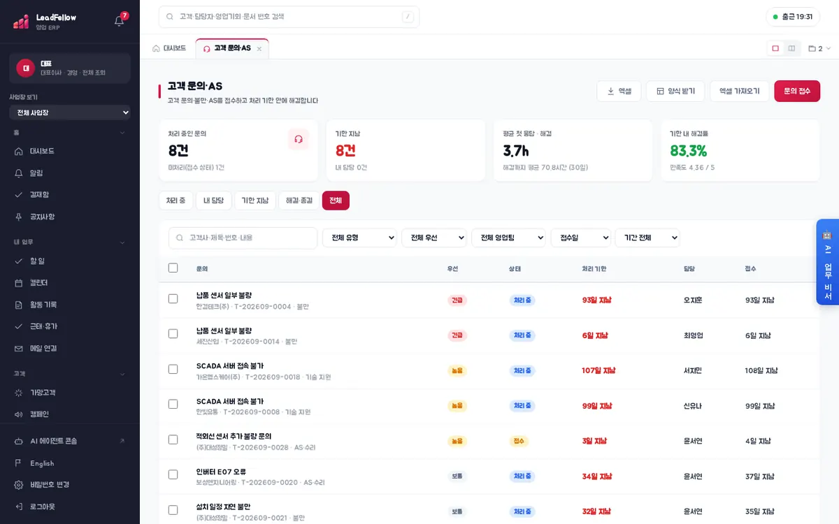 전체 — 취소를 포함한 모든 문의
